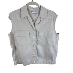 Debra deRoo Womens Oatmeal Beige Linen Sleeveless Button Down Top Petite Small P